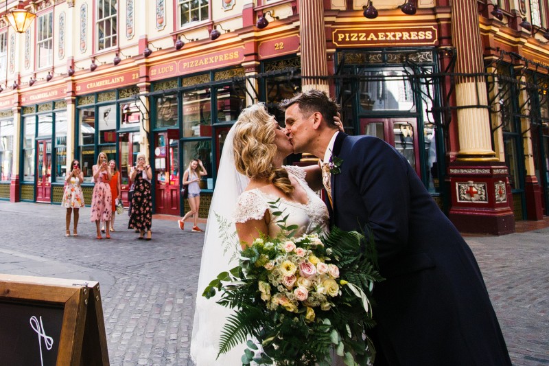 Couple kissing at Leaden Hall Market during Alternative Wedding in London